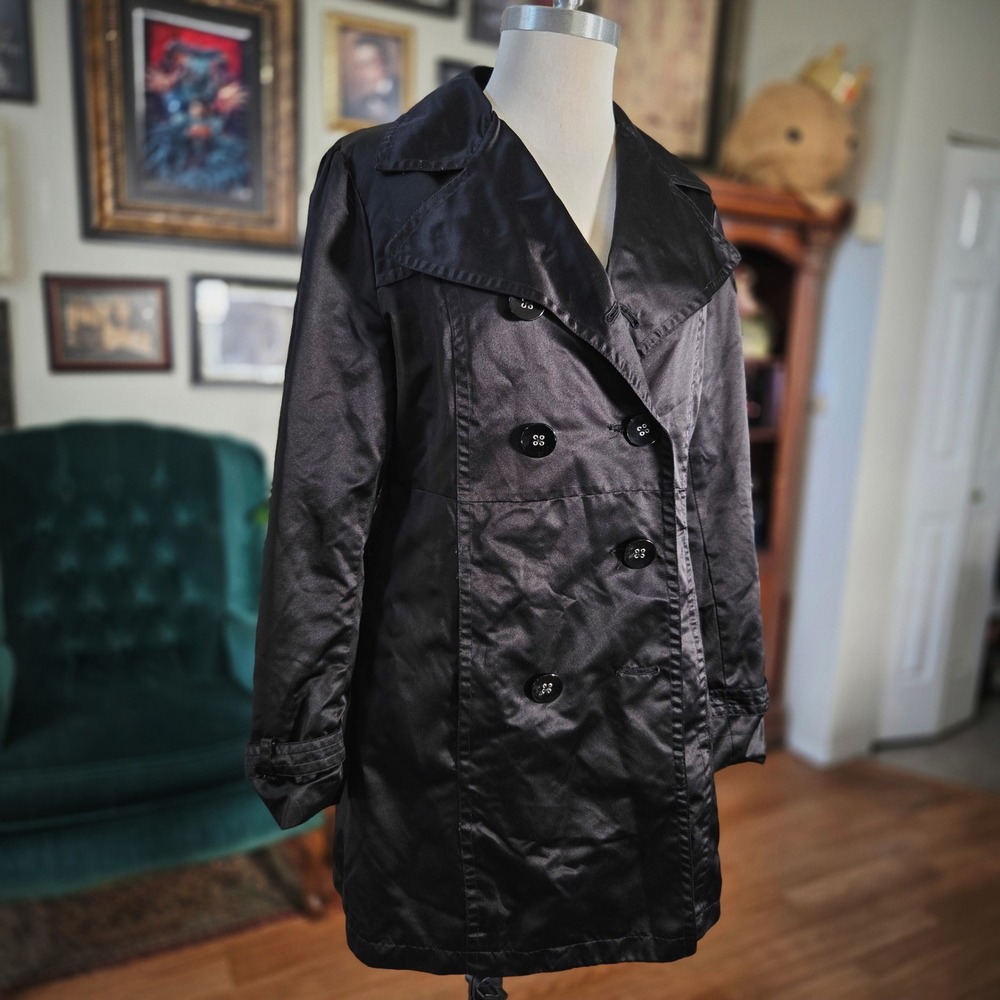 George Black Satin Trench Coat Double Breasted Jacket Lightweight Women's‎ M